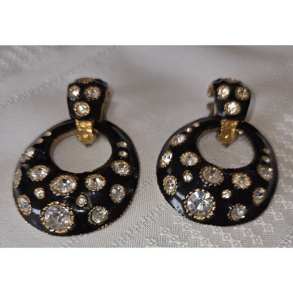 Vintage 80s 90s Black Enamel Clip On Drop Earrings Gold Tone Rhinestones Dangle - Picture 8 of 9